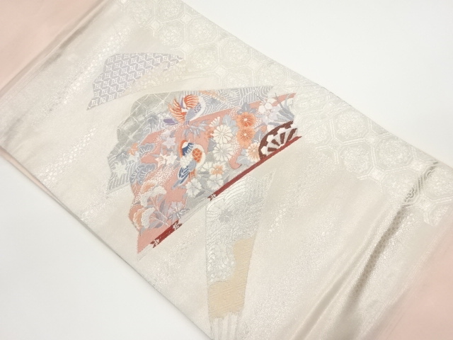 プラチナ箔扇に鴛鴦・花々模様織出し名古屋帯